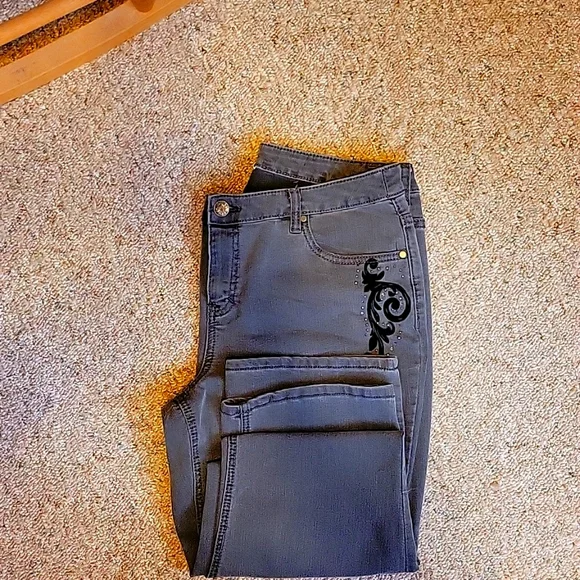 CJ Banks Gray Jeans with Black Embroidery - Picture 2 of 6